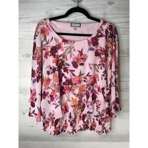 Sam and Jess Blouse Womens XL‎ Pink Floral Sheer 3/4 Sleeve Smocked Hem Boho Top